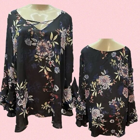 Chelsea Studio +26/28 Black Floral Crossover Strap V-Neck Bell Long Sleeve Top - Picture 1 of 6